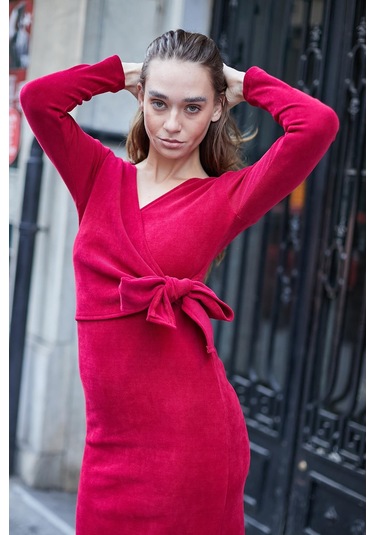 Kadın Hafif Likralı Triko Kruvaze Anvelop Bağcıklı Uzun Kol Diz Altı Uzun Elbise-şarap Şarap Kadın Hafif Likralı Triko Kruvaze Anvelop Bağcıklı Uzun Kol Diz Altı Uzun Elbise-şarap Şarap