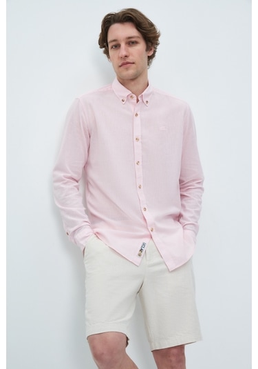 Ucla Jacquez Şeker Pembe Keten Nakışlı Standard Fit Erkek Gömlek Şeker Pembe