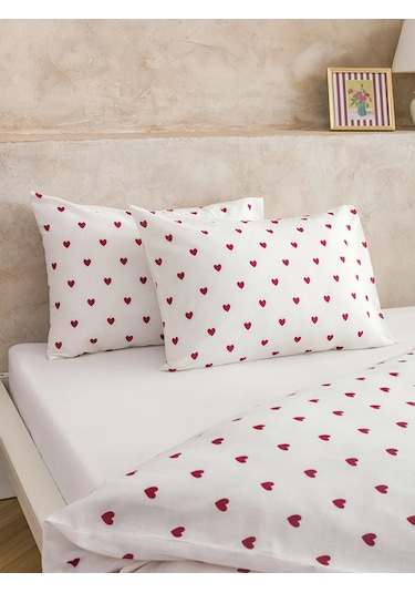 Kırmızı Kalp Baskılı Çift Kişilik Nevresim Seti 200x220 Cm