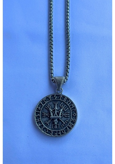 Mızraklı Vegvisir Pusula El İşçiliği Paslanmaz Çelik Zincir Erkek Kolye Gümüş