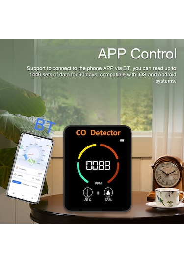 Lemestar Ev İçin Bluetooth Uygulamalı Co Monitörü - Sıcaklık Ve Nem Tespiti, Alarm Fonksiyonu, Lcd Ekran, Dahili Li-pol Batarya Siyah