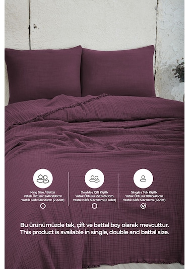 %100 Pamuk Müslin Yatak Örtüsü Tek Kişilik 4 Katlı Battaniye 2 Parça Müslin Pike Seti Mor Mor