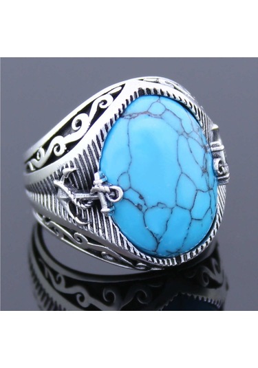 925 Ayar Gümüş Turkuaz(Firuze) Taşlı Çapalı Oval Erkek Yüzük