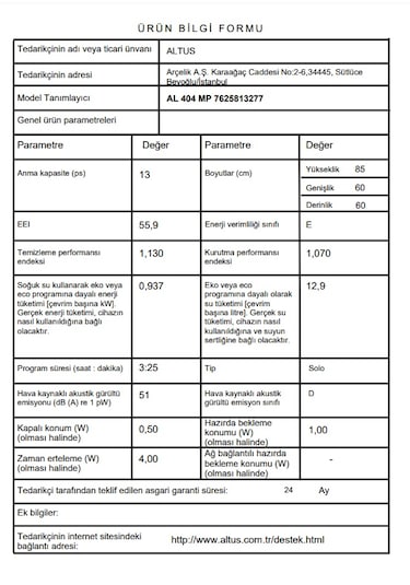 Altus AL 404 MP 13 Kişilik 4 Programlı Bulaşık Makinesi
