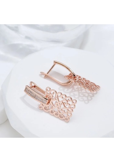 Samdoo Kadınlar İçin Gümüş Altın Kaplama Zirkonyalı Delikli Simpliçe Lüks Küpe - Gül Altını Rengi Gold