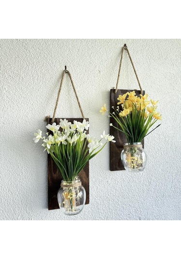 Led Işıklı, Sarı Ve Beyaz Nergis Çiçekli Duvar Dekoru Ceviz İkili Set Ceviz