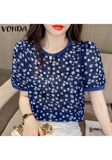 Koyu Mavi Vonda Kadın Yaz Yuvarlak Yaka Puf Kısa Kollu Pileli Çiçekli Bol Bluz Koyu Mavi Vonda Kadın Yaz Yuvarlak Yaka Puf Kısa Kollu Pileli Çiçekli Bol Bluz