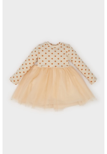 DeFacto Kız Bebek Çiçekli Uzun Kollu Tül Elbise D9573A525SPBG360 Bej