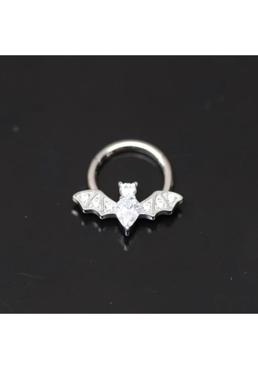 Yüksek Kalite G23 Taşlı Yarasa Titanyum Halka Piercing Gümüş