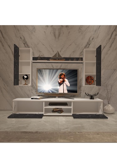 Decoraktiv Eko 7 Mdf Dvd Tv Ünitesi Tv Sehpası Beyaz - Siyah Mermer