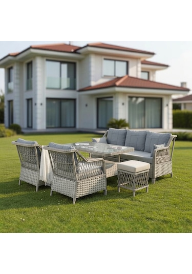 Petra Galvanizli 3+1+1+masa 80x140 +2 Puf Bahçe Balkon Mobilyası Gri