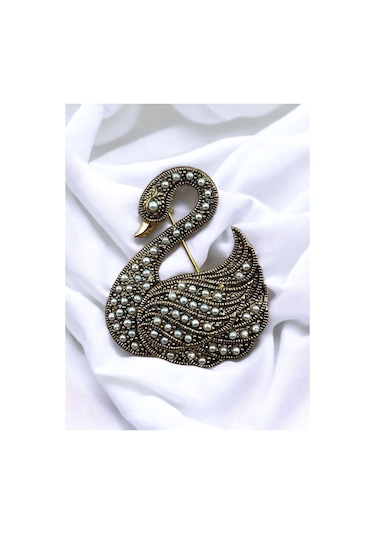 İnci Kuğu Motif Broş İnci