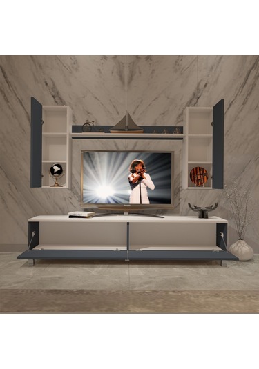 Decoraktiv Eko 7 Mdf Std Krom Ayaklı Tv Ünitesi Tv Sehpası Beyaz - Antrasit