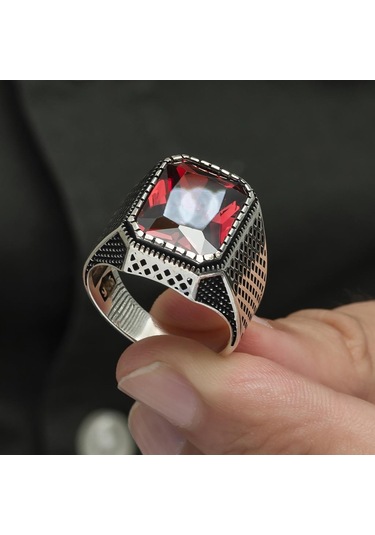 Kare Kırmızı Taşlı 925 Gümüş Erkek Yüzük