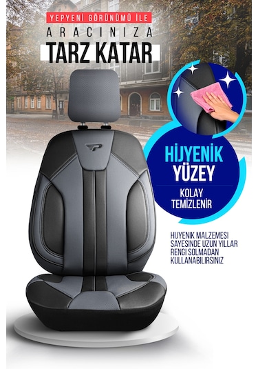 Füme - Siyah Panda Carlone Serisi Ful Deri Oto Koltuk Kılıfı - Tam Set