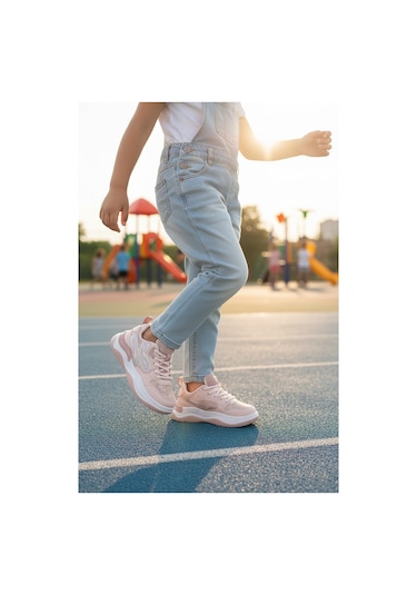 Pudra Bağcıklı Hafif Esnek Kız Çocuk Spor Ayakkabı 1990 F Pudra