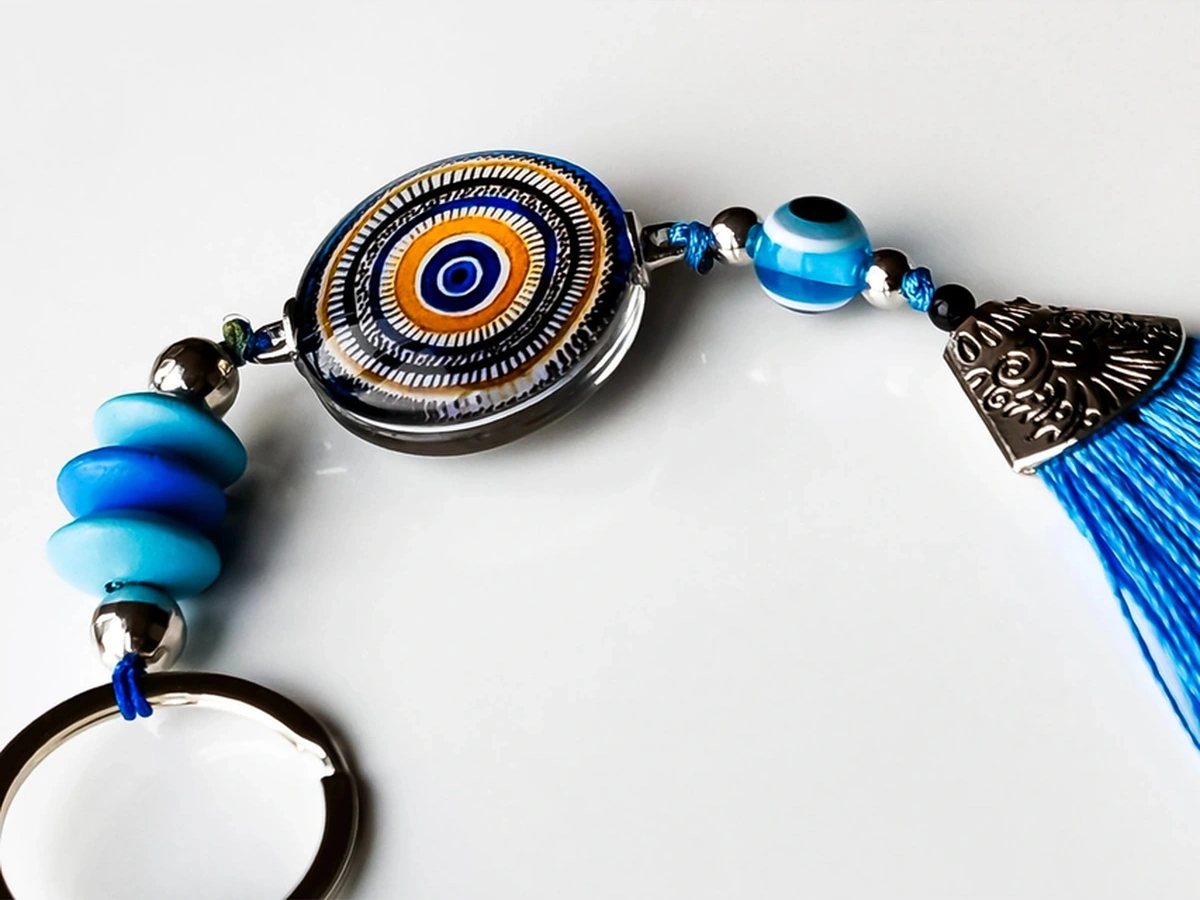 Desenli Cam Boncuklu Mavi Püsküllü Anahtarlık