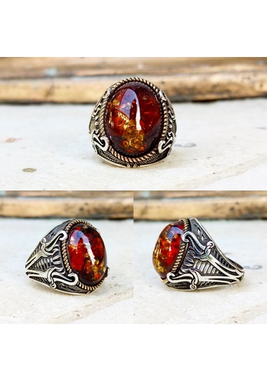 Fkgümüş Ateş Kehribar Taşlı Motifli Erkek Gümüş Yüzük