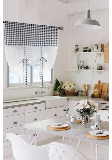 Naturel Potlu Ekose Tül Perde Retro Siyah