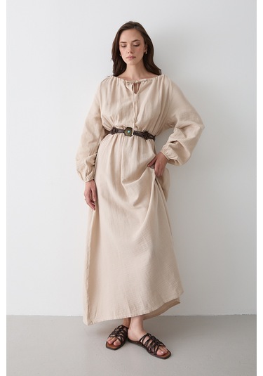 Natural Bağlama Detaylı Müslin Elbise - 2004 Natural
