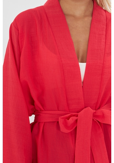 Kutaf Kırmızı Ultra Soft Arkası Desenli Kimono Kırmızı