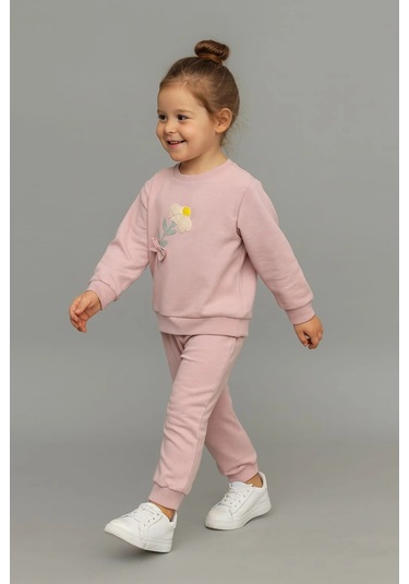 Papatya Nakışlı %100 Pamuk 2 Li Çocuk Eşofman Takımı Gül Kurusu