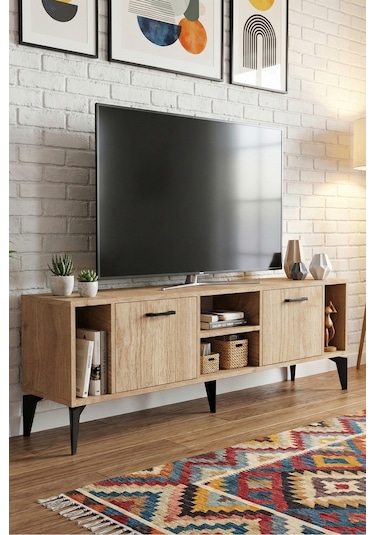 Tv Sehpası 160 Cm Modern Çok Amaçlı Dolaplı Raflı Televizyon Ünitesi Linya Sepet Rengi