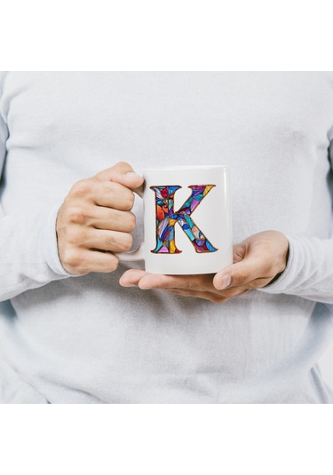 K Harfi Bardak 330 Ml İsme/harfe Özel Hediye, Renkli Harf Tasarım Beyaz