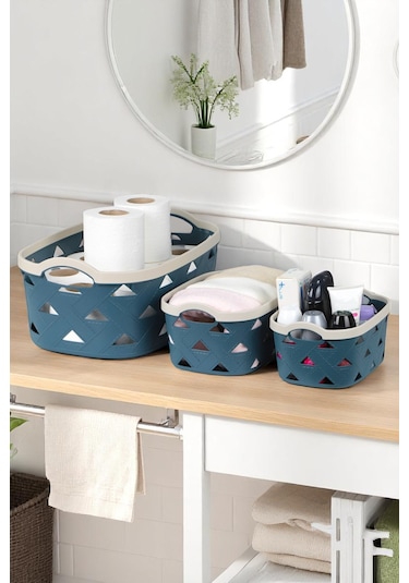 İronika 5li Dekoratif Deri Görünüm Dolap İçi Düzenleyici Saklama Kutusu Mutfak Banyo Organizer Sepet Mavi Mavi