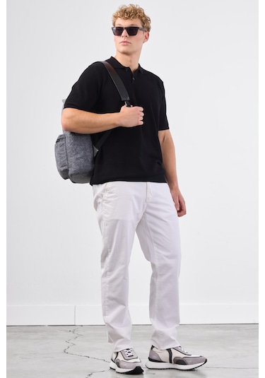 Dufy Siyah Polo Düğme Yaka Düz Renk Slim Fit Erkek Triko Siyah