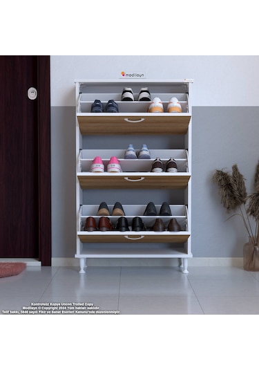 Modilayn Varbi Kapı Önü 52 X 119 X 25, 5 Cm Lik 3 Düşer Kapak 6 Göz Raf Bölmeli Ayakkabılık Beyaz - Meşe