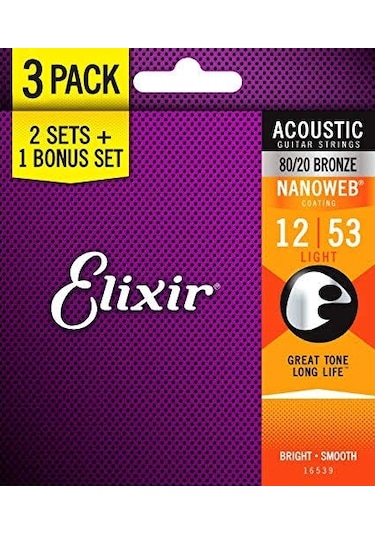 Elixir 16539 Nanoweb Bronze 3'Lü Akustik Gitar Teli 12-53