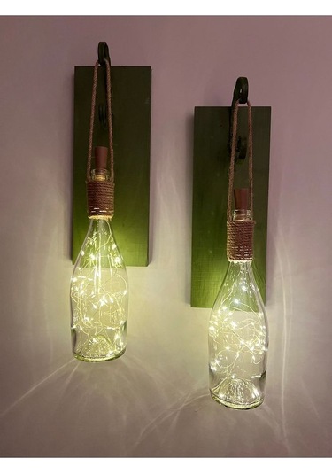 Tıpa Peri Led Işıklı Koyu Yeşil Ahşap Cam Şampanya Şişesi Duvar A Çok Renkli