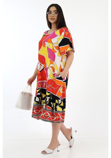 Schık Kadın Viskon Yarım Kol O Yaka Cepli Fırfırlı Elbise Orange Orange