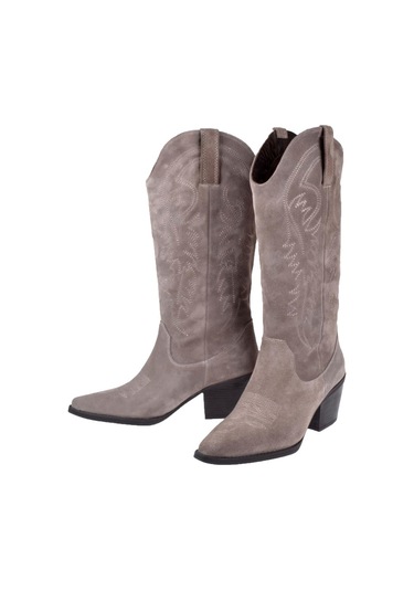 Pullman Hakiki Deri İşlemeli Western Kadın Çizme Plm-011 Vizon Süet Vizon Süet