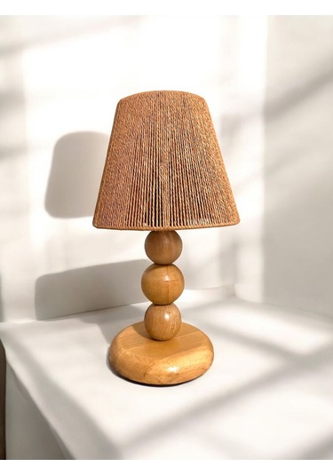 Hasır El Yapımı Bohem Ahşap Ayaklı Rustik Abajur - Kahverengi Kahverengi