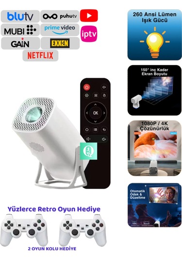 Projeksiyon Cihazı 200 Lümen 2 Kol li 4k 1080p Hd Projektor 3d Oyun Keyfi Android