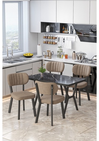 Parla 70x110cm Siyah Mermer Mutfak Masası, Mutfak Masası Takımı, Yemek Masası, 4 Cappucino Sandalye Cappucino