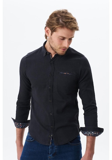 Arma Erkek Denim Jean Slim Fit / Dar Kesim Kot Dokuma Gömlek K9gkd1070 Siyah
