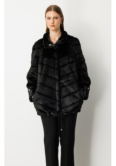 Ekol Kadın Büyük Beden Metal Aksesuarlı Peluş Kaban 6305 Siyah Siyah