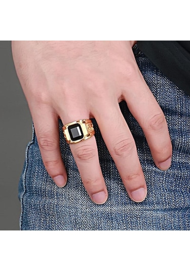 Altın Erkek Retro Sözleşmeli Exqusite Siyah Titanyum Çelik Yüzük Altın