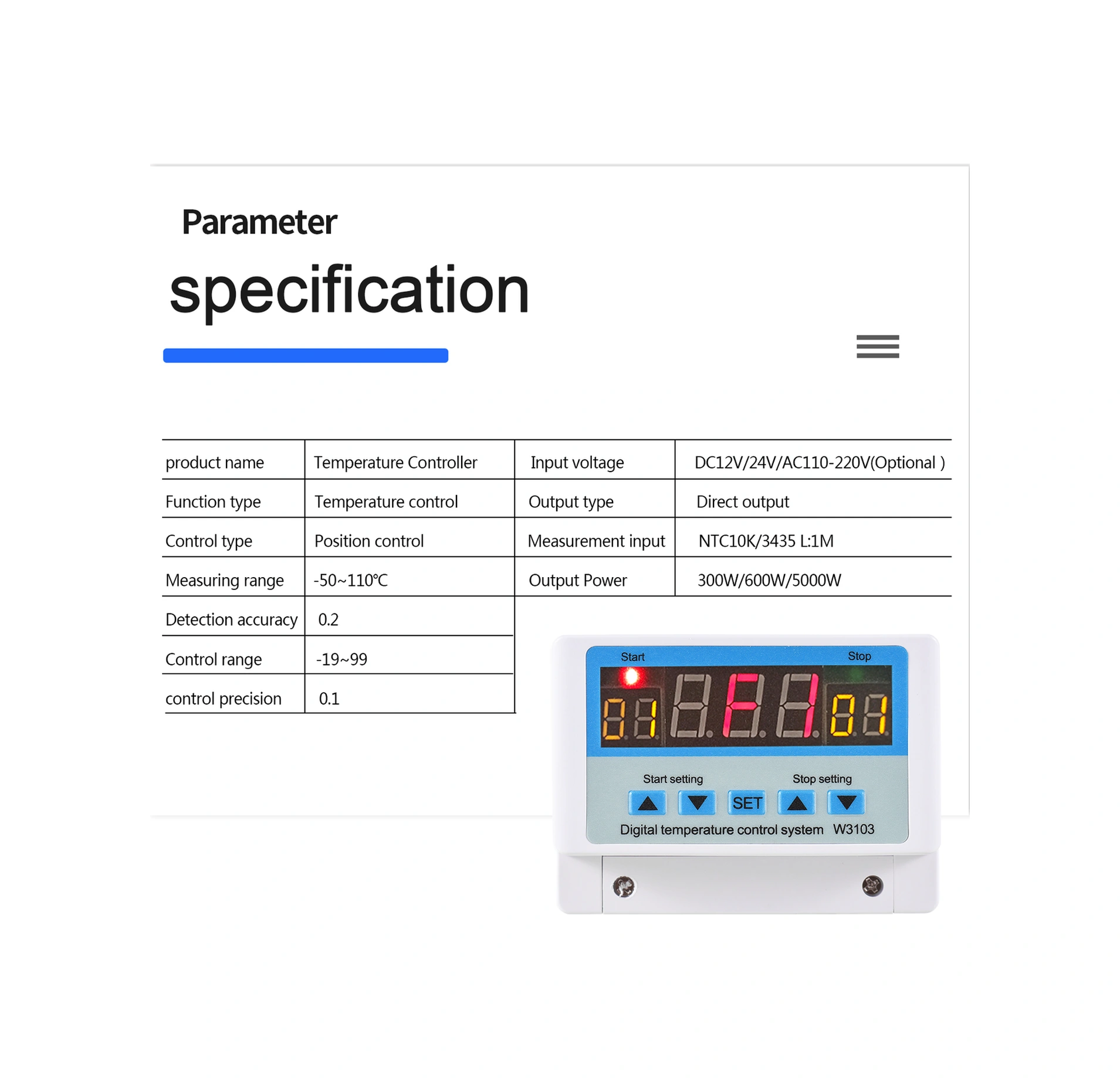 Mufunye Akıllı Sıcaklık Kontrol Cihazı W3103 - 30a/dc24v, Dijital Gösterim, Ayarlanabilir -50 110 C, Tam Otomatik Isı Regülatörü