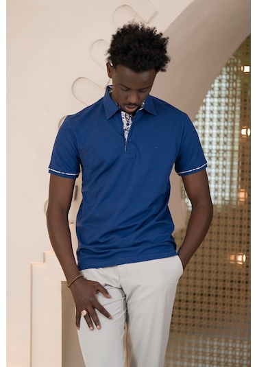 Paul Martin Regular Fit Yaka Garnili Pamuklu Polo Yaka T-shirt İndigo