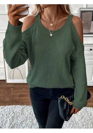Kadın Uzun Kollu Omuzlardan Açık Askılı Yuvarlak Yaka Triko Bluz Yeşil