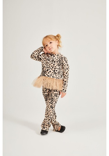 Kız Çocuk Leopar Desenli 2 Li Takım Tütü Detaylı Üst & Pantolon Leopar