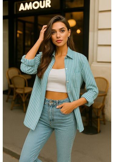 Kadın Çizgili Oversize Gömlek Mint Yeşili Beyaz Pamuk Gömlek Mint Yeşili