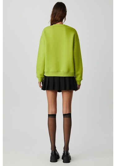 VANELTINA Kadın İçi Polarlı 3 İplik Organik Pamuk Oversize Basic Bisiklet Yaka Fıstık Yeşili Sweatsh