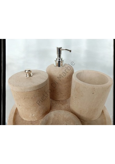 Sarı Traverten Klasik Model 5 Parça Gümüş Renk Düğme Aksesuarlı Banyo Seti Sarı Traverten