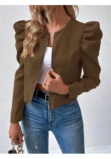 Kadın Uzun Kollu Önden Fermuarlı Balon Kol Süet Ceket Siyah