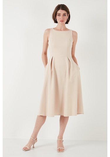 Lela Bisiklet Yaka Regular Fit Cepli Pileli Midi Bayan Elbise 6051963 Taş